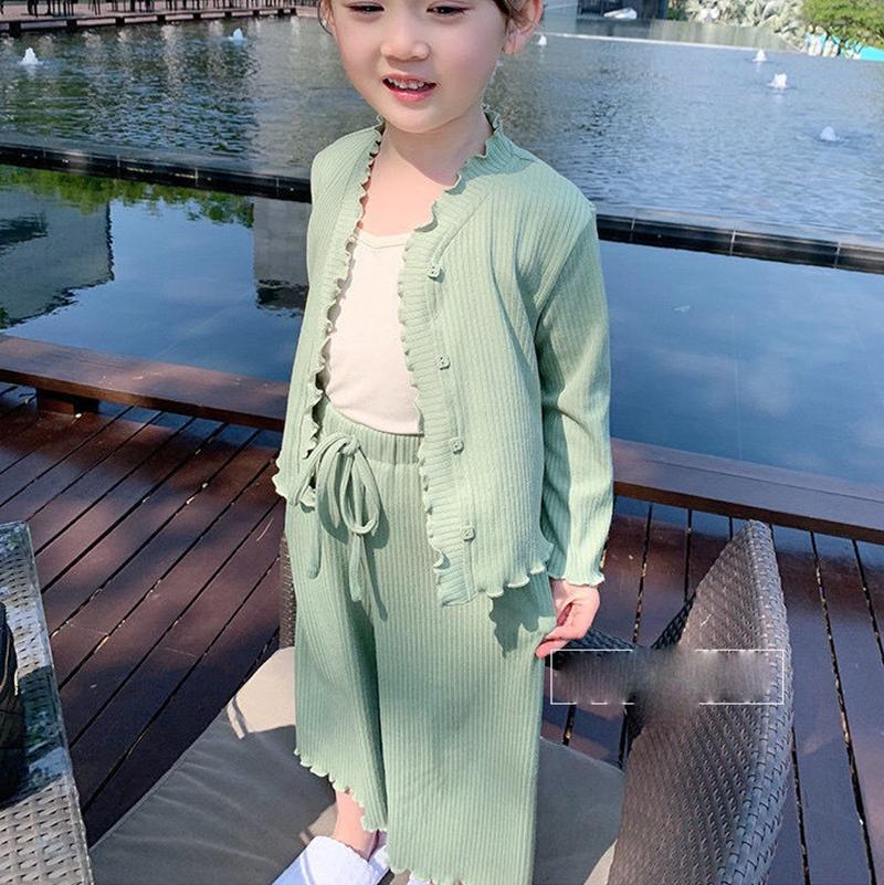 Girls' Suit Spring Clothes Children's Foreign Style Long Sleeve Cardigan Coat Baby Leisure Wide Leg Pants Two Piece Set