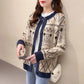 Bear Jacquard Sweater Jacket Women's Autumn and Winter Loose and Lazy Style Contrast Color Knitted Cardigan Top Trendy