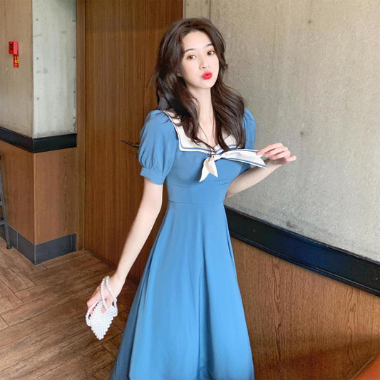 Female French Retro Elegant High Waist Small Knee Dress Navy Neck Bubble Sleeve Medium Length Slim Dress