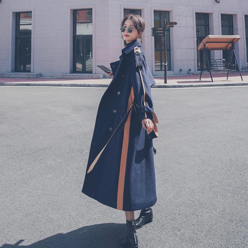 Winter Plus Cotton Thick Warmth Contrast Stitching Woolen Coat Women's Mid-length Thin Loose Over-the-knee Woolen Coat