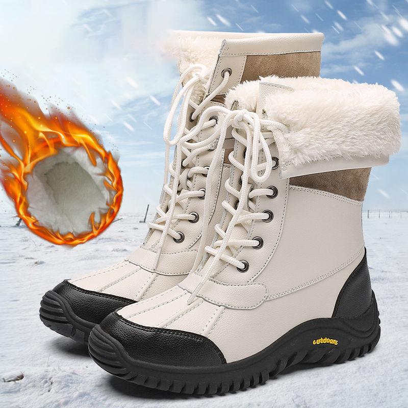 Winter Outdoor Snow Boots Women's Waterproof Non-slip Middle Tube Plus Velvet Thickening Fashion Leather Snow Shoes