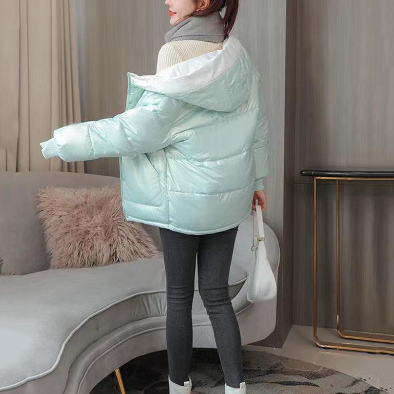 Women's Bright Short Down Jacket Winter Korean Loose Quilted Jacket Casual Stand-up Collar Hooded Down Jacket Quilted Jacket