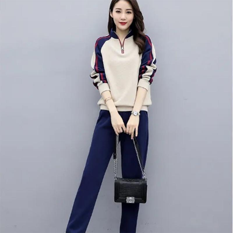 Thin Sports Suit Women's Spring and Autumn Long-sleeved Sweater Pants Two-piece Stand Collar Stitching Casual Suit