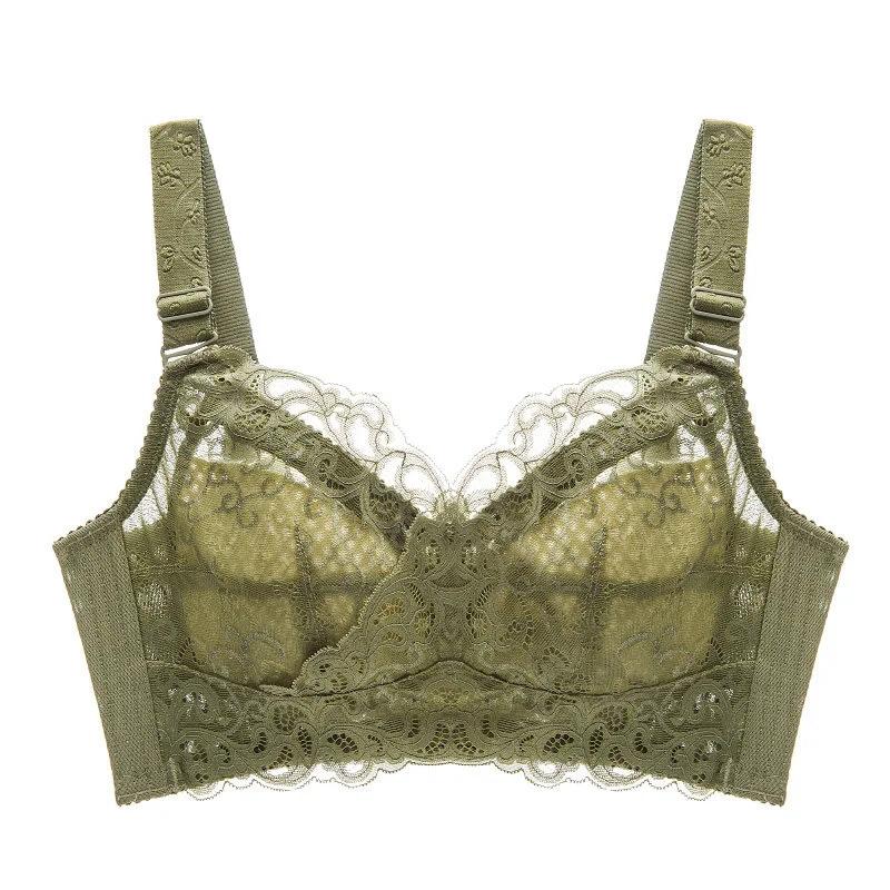 Women's Large Size Bra Full Cups Breathable No Steel Ring Bra Ultra-thin Soft Sexy Floral Lace Transparent Brassiere Hollow Out Adjustable Underwear