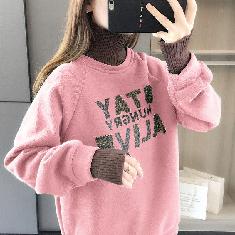 Cotton Thick Sweater Women Autumn and Winter Fake Two-piece Splicing Tops Student High Collar Loose Jacket