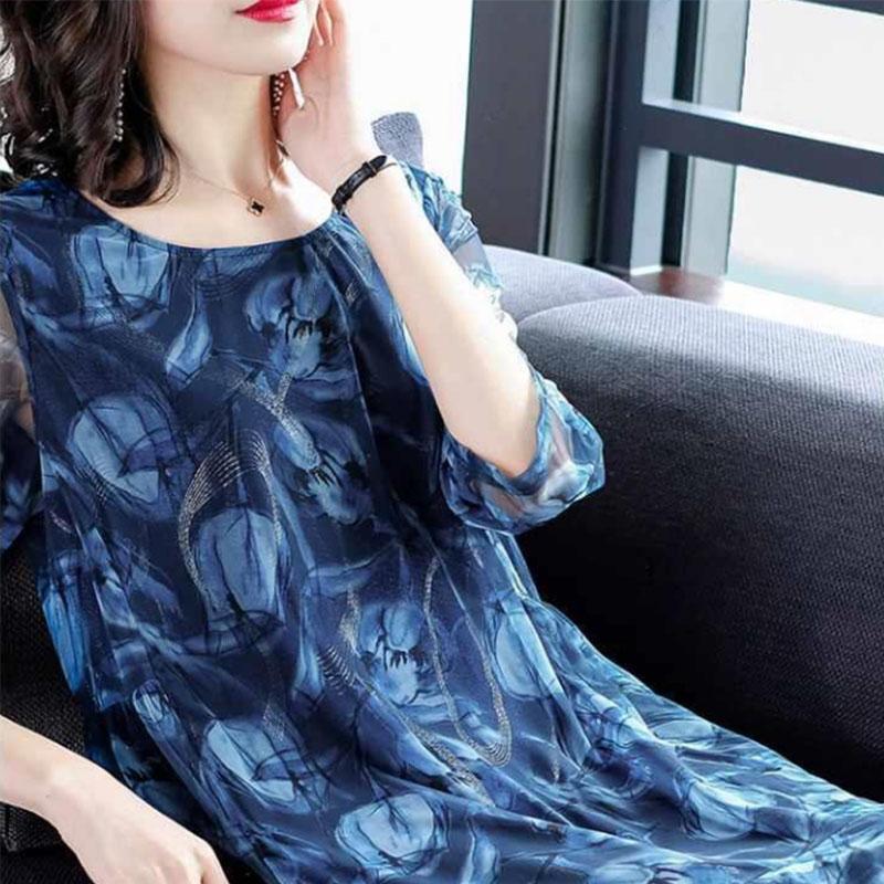 Middle-aged and Elderly Women's Clothing Is Thin and Foreign-style Mother Mesh Dress Printing Plus Fat Plus Size Skirt