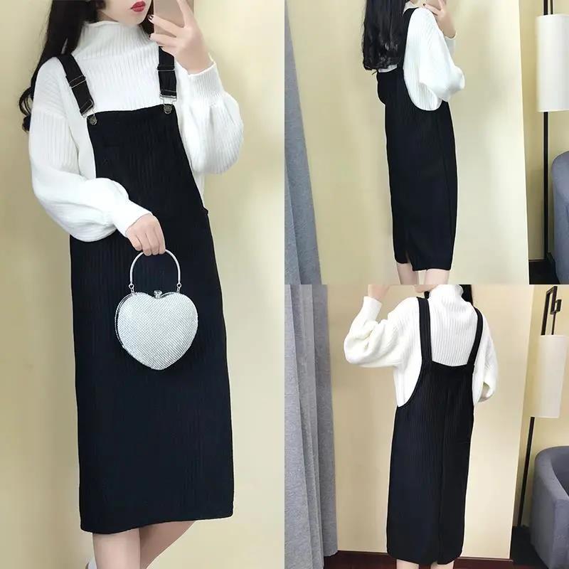 Spring and Autumn Dress Mid-length Dress Suit Knitted Sweater Two-piece Suspender Skirt Female French Temperament Sweater Suit