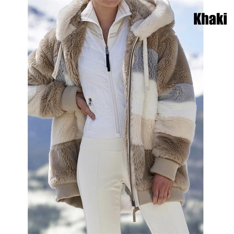 Women's Autumn and Winter Plush Warm Loose Hooded Jacket Plus Velvet Thick Women Multicolor Coat Girls Stripe Sleep Wear Big Size Plus Size S-5XL