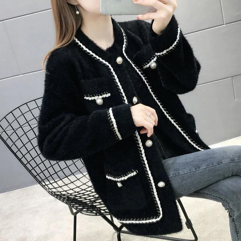 Xiaoxiangfeng Imitation Mink Velvet Thickened Short Coat Women's Spring and Autumn Long-sleeved Round Neck Knitted Cardigan Woolen Top