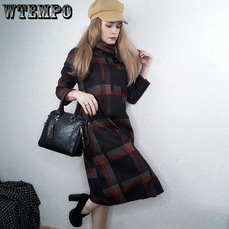 Plaid dress Long Sleeve Cotton Woolen Plus Size Vintage Women Casual Loose Autumn Winter Dress Elegant Clothes