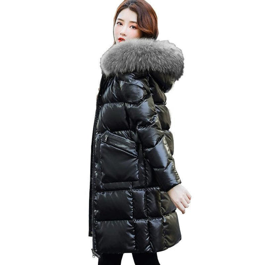 Large Fur Collar Down Cotton Jacket Women Mid-length Winter Fashion Trend Loose Shiny Warm Coat