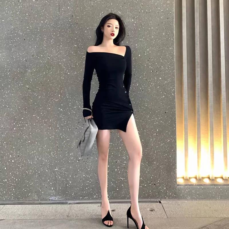 Sexy Oblique Shoulder Irregular Waist Slimming Split Split Dress Female Net Red Envelope Hip Skirt