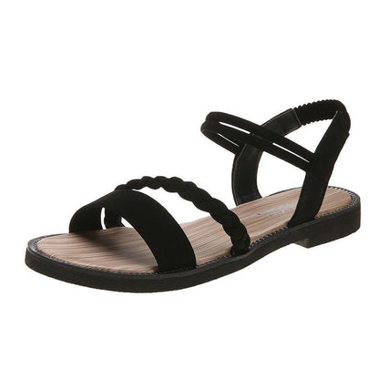 Flat Sandals Women's Shoes Open-toe Elastic Band Sandals Women's Casual Women's Flat-bottom Beach Shoes College Style All-match Sandals