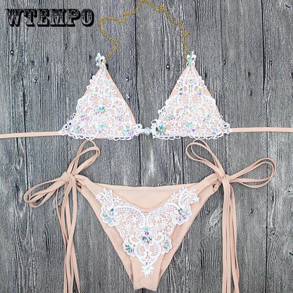WTEMPO Sexy sequined lace bikini split sexy strap swimwear