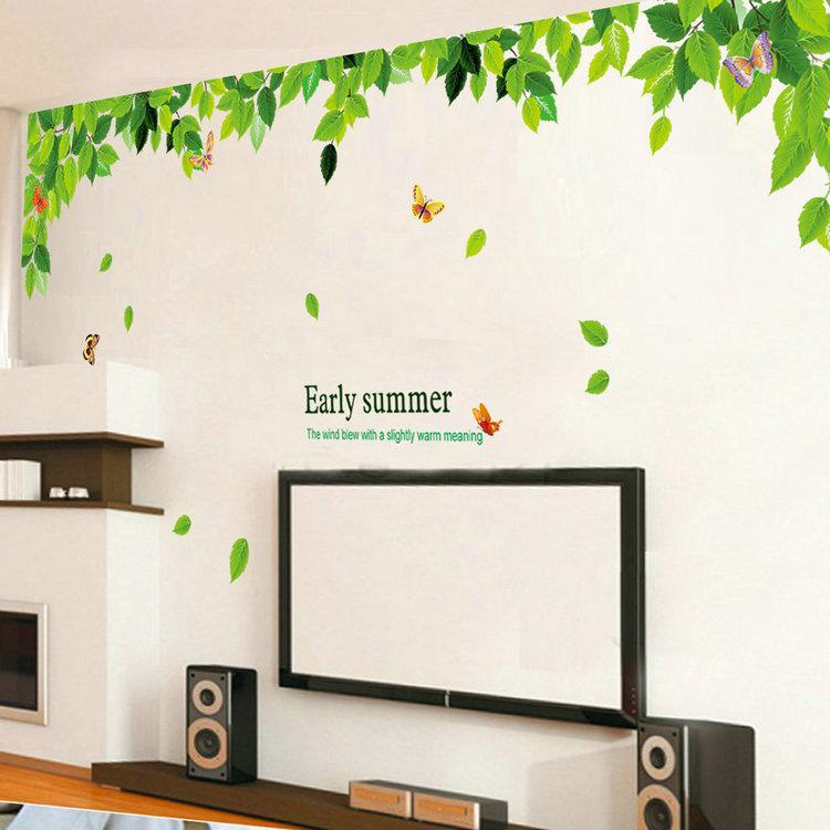 Pastoral green living room bedroom sofa new green leaves wall stickers early summer wallpaper