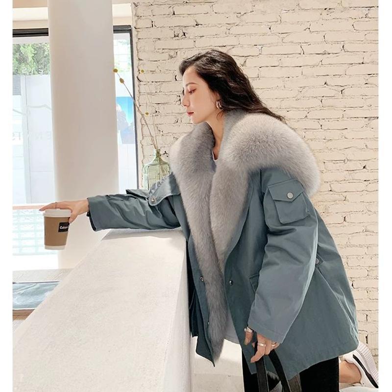 Parker Overcome Women's Detachable Imitation Fox Large Fur Collar Plush Liner Short Faux Fur Jacket Women's Warm Loose Large Size Cotton Jacket