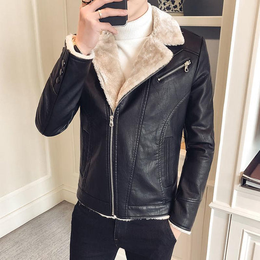 Winter Fur One Male Plus Velvet Thickening Slim Korean Handsome Jacket Trend PU Leather Lamb Fur Jacket Male