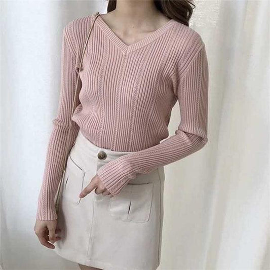 Knit Sweater Women's Long-sleeved V-neck Bottoming Shirt Thread Blouse Spring and Autumn Loose Sweater