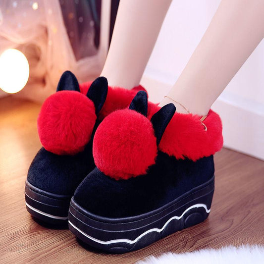 Winter Thick-soled Bag Cotton Slippers Cute Color Matching Ball Home Warm Shoes Non-slip Indoor High-heeled Cotton Shoes