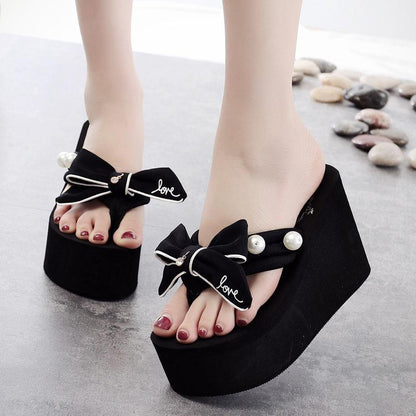 Summer Thick-soled Slippers Women's Bow-knot Herringbone Sandals Holiday Non-slip High-heeled Beach Flip-flops