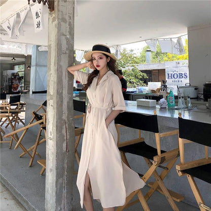 Casual Sashes A Line Women Dress Ladies Lapel Party Dress Summer Elegant Long Dress Shirt Dress
