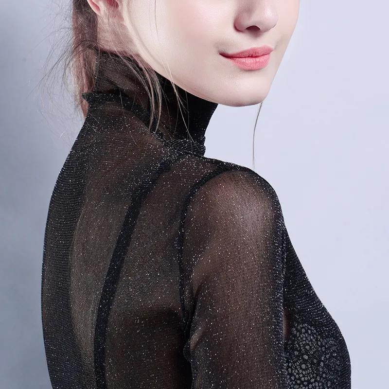 Sexy Mesh Shiny Long Sleeve T Shirt Women Fall Transparent Party Black Tee Shirts Sexy Thin O Neck Short Tops