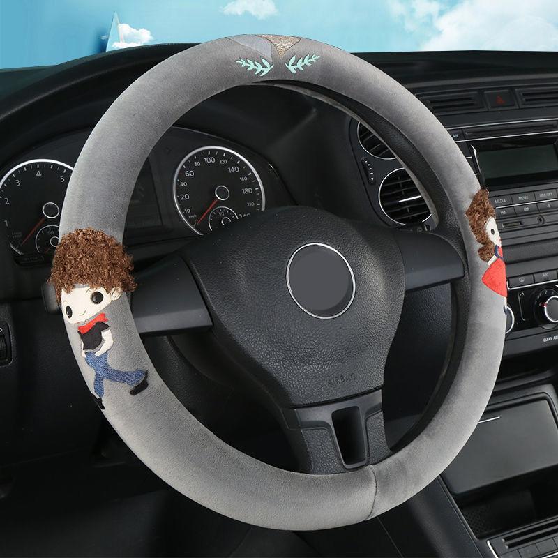 Wool Steering Wheel Cover Cartoon Doll Embroidery Steering Wheel Cover Winter Warm Car Interior