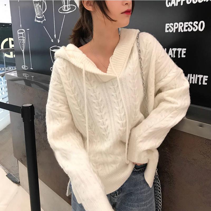 Pofulove Autumn Winter Solid Color Loose Korean Twist Hooded V-neck Sweater Women's Base Shirt
