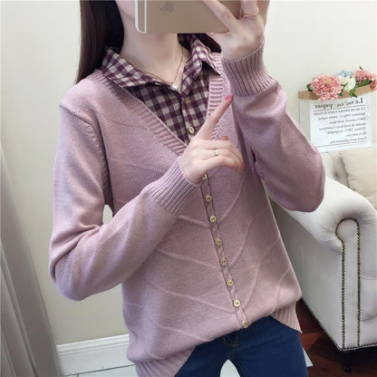 Autumn/Winter Korean Patchwork Pullover Loose Lapel Sweater Female Fake Two Piece Pullover Knitted Sweater Top