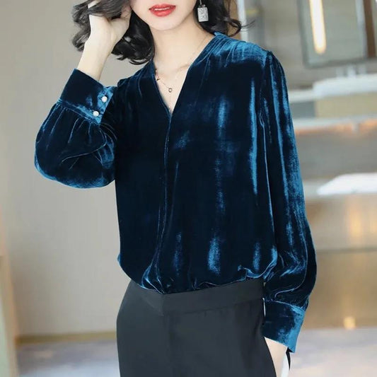 V-Neck Gold Velvet Pullover Tops Women Autumn Solid Slim Long Sleeve T-Shirt Elegant Bottoming Tees