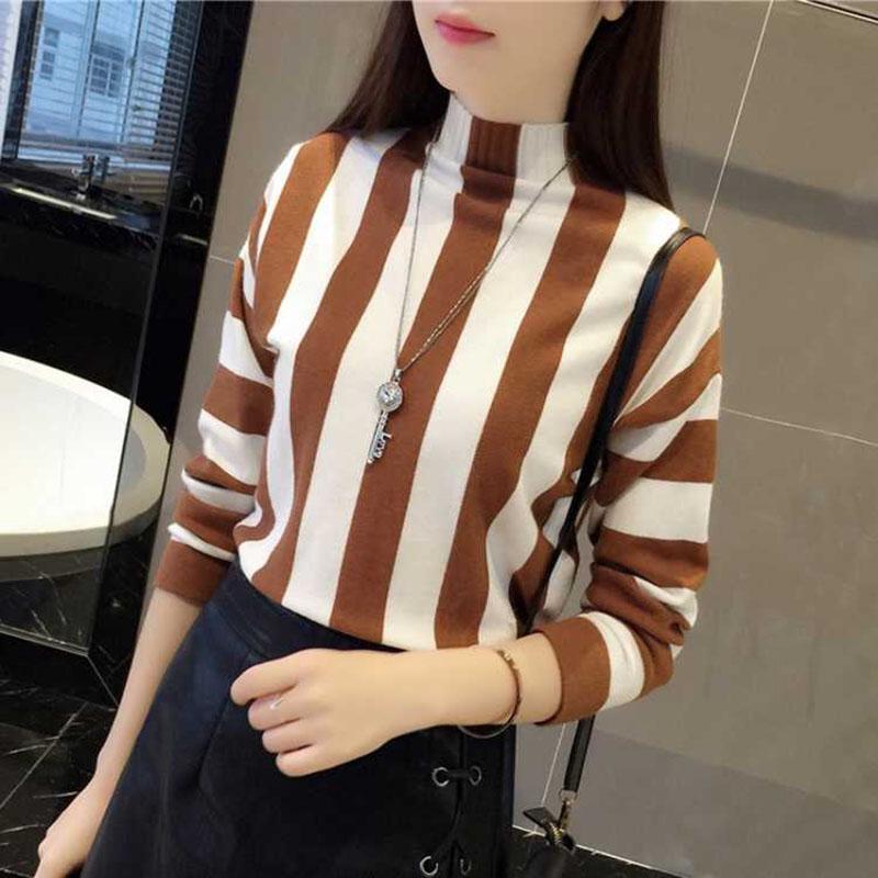 Striped Turtleneck Pullover Women Winter Thick Sweater Contrast Korean Knitwear Knitted Sweater Top