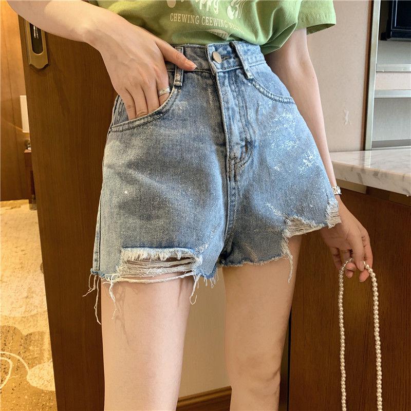 WTEMPO Retro Loose and Thin High Waist Wide Leg A Word Pants Summer Wild Hole Denim Shorts Female