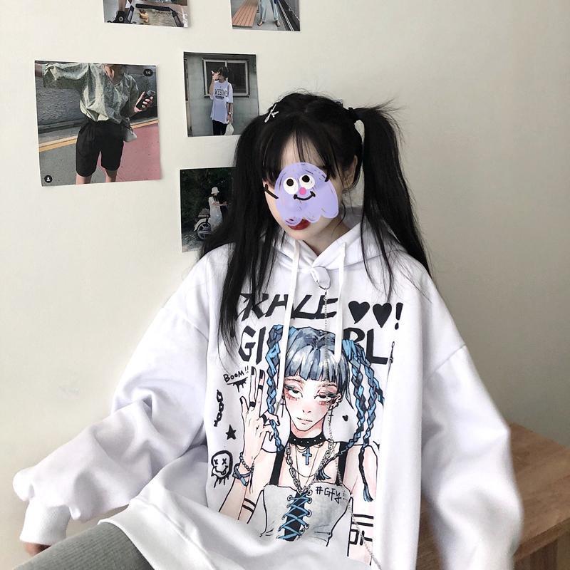 Punk Gothic Hoodies Black White Anime Printed Fashion Japanese Style Pullover Sweatshirts with Chain Girl Hip Hop Hipster Tops Fleece Thick Winter