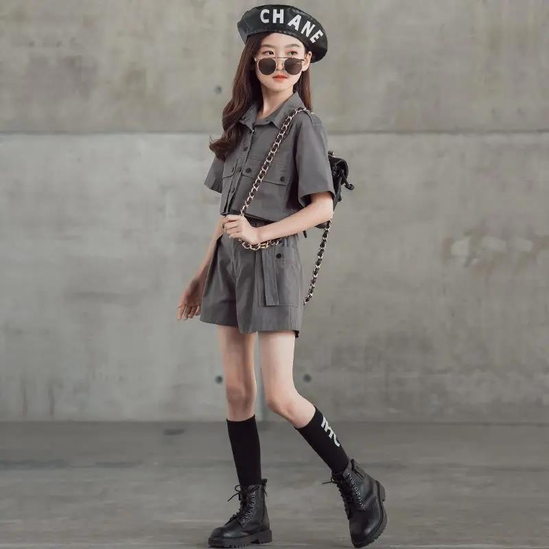 Girls Personality Suit Fashion Trend Heavy Tooling Short-sleeved Two-piece Suit Western Style Parent-child Summer