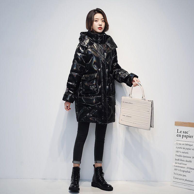 Hooded Down Jacket Women's Mid-length White Patent Leather Glossy Thick White Duck Down Winter Loose Warm Jacket Women