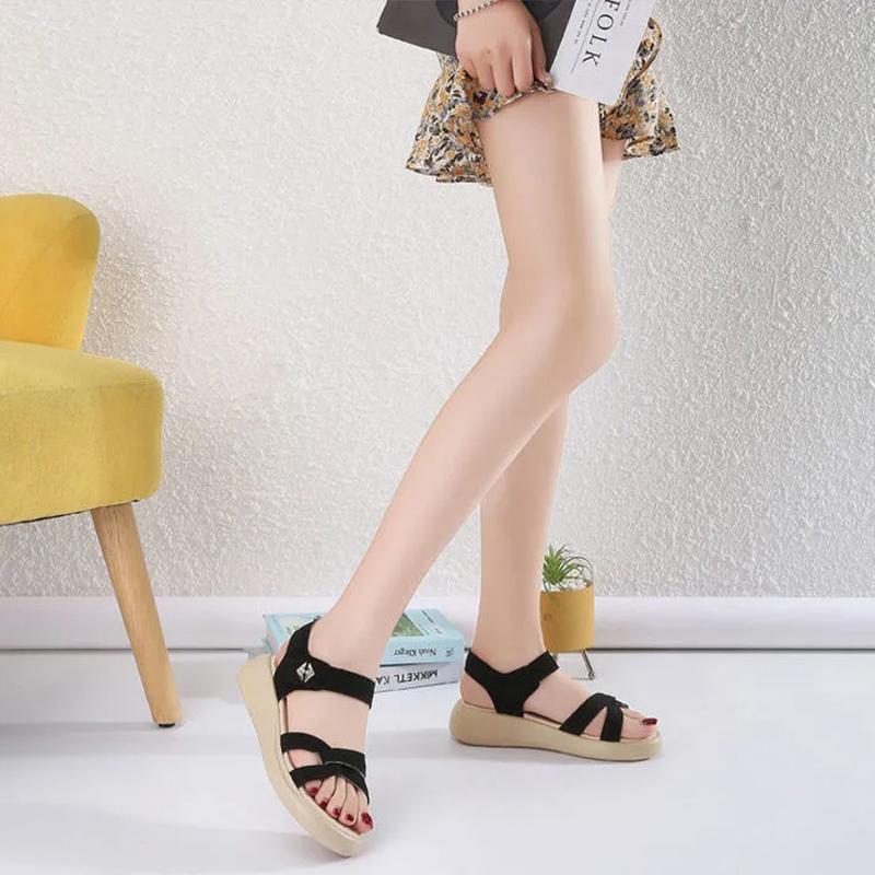 Women's Thick-soled Leather Sandals Summer Student Platform Casual Shoes Velcro Mid-heel Soft-soled Sandals Beach Shoes