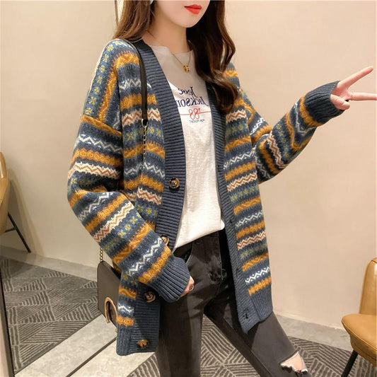 Retro Striped Knitted Cardigan Autumn and Winter Fashion Loose Sweater Plus Size Casual Jacket