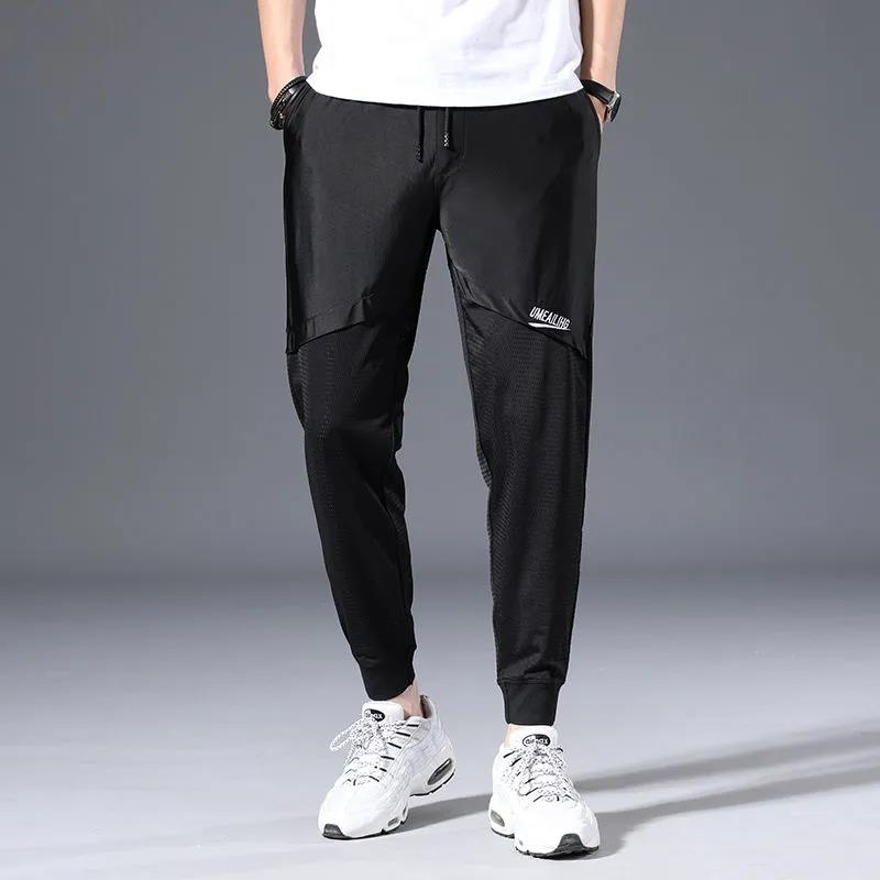 Summer Stretch Sports Pants Men's Thin Ice Silk Air Conditioning Mesh Men's Casual Pants Nine-point Splicing Quick-drying Pants