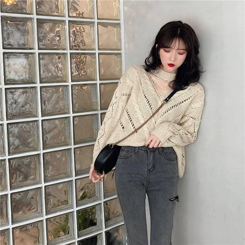 PofuloveWarm Girly Lace Yarn Spliced Neck  Knitwear Skin-friendly Loose Women Pullover Sweater