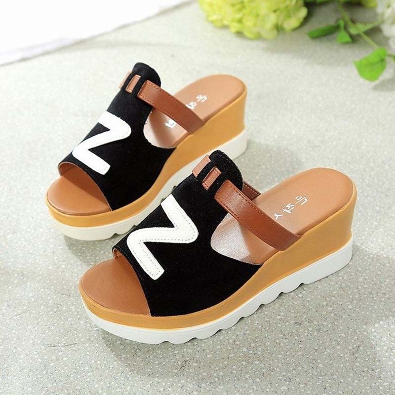 Fish Mouth Sandals and Slippers Women's Summer Frosted Leather Color Matching Thick-soled Sponge Cake Lazy One-word Drag Wedge High-heeled Sandals