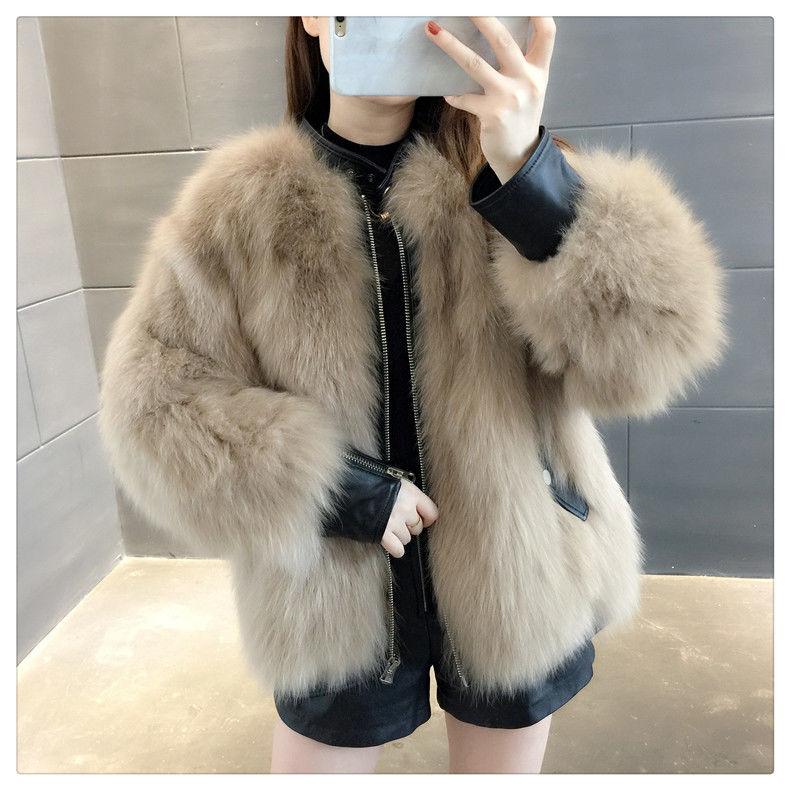 Fur Coat Women Faux Fox Fur PU Leather Stitching Jacket Short Thick Furry Coat Winter  Female Outwear