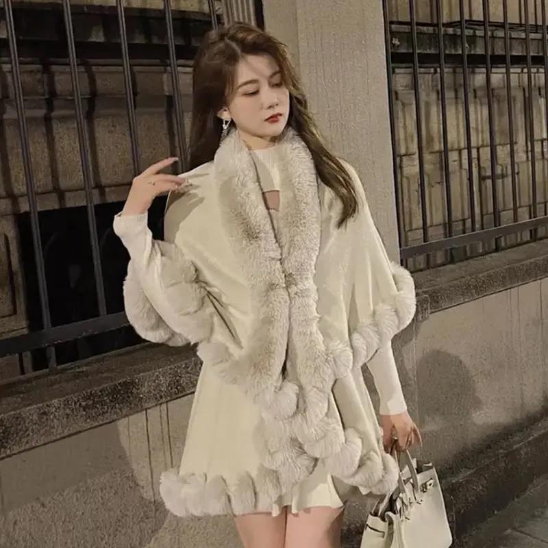 Double-layer Soft Plush Noble Luxury Shawl Autumn Winter Cute Body Cardigan Loose Cloak Wrap Thick Knitted Jacket Fur Shawl Solid Mantle Shawl