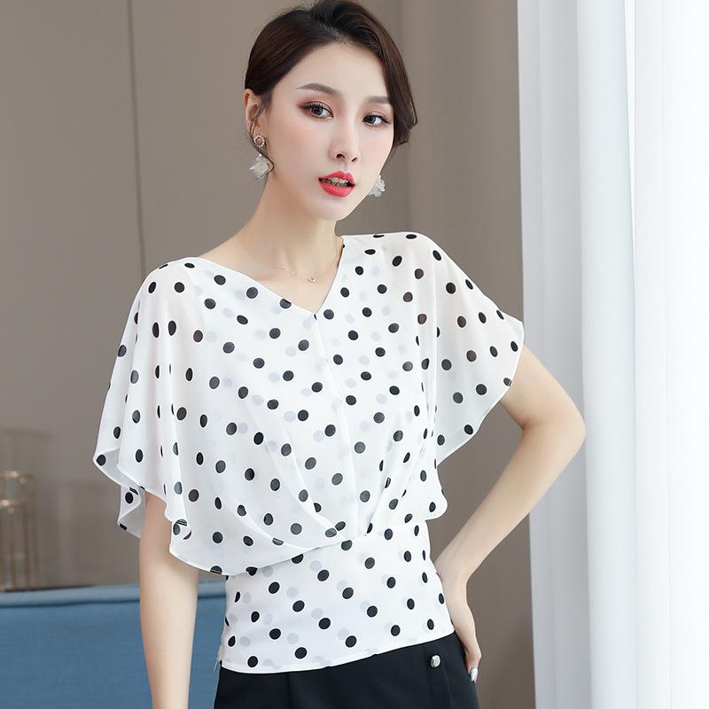 Summer Chiffon Shirt Short-sleeved Women's Temperament V-neck Bat-sleeve Cover Arm Thin T-shirt Women's Top