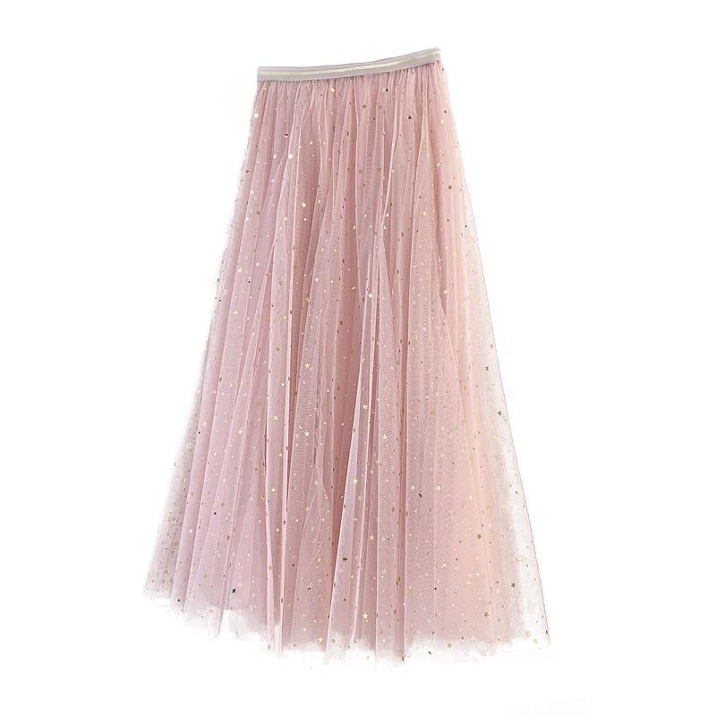 Women's Tulle Plain Pleated Skirt 2020 Pink Beige White Mesh Midi Skirt High Waist Woman Skirts