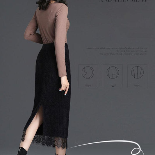 Autumn Winter Mink Velvet Skirt Thick Knitted Bodycon Skirt Fuzzy Split Sexy Lace Stitching Long Pencil Skirt