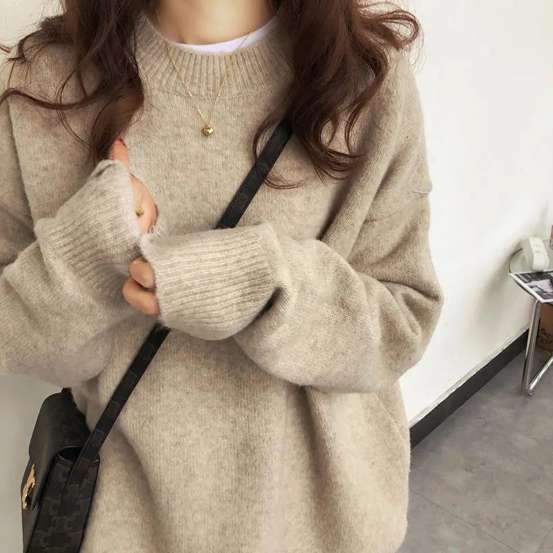 Women Winter Soft Sweater Loose Lazy Round Neck Sweater Women Long Sleeves Wear Japanese College Knit Sweater Pullover Blouse Bottoming Inside