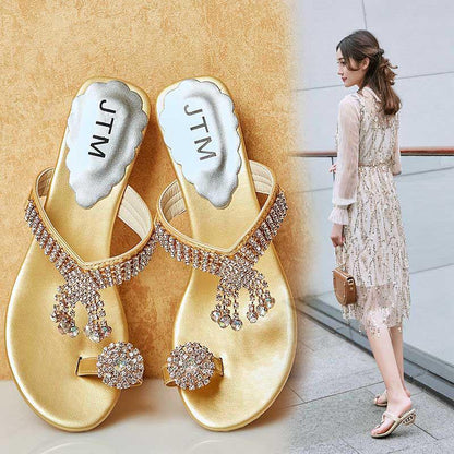 Size 34-41 Summer Women Outdoor Flat Bohemian Beach Flip Flops Wear-resistant Non-slip Office Lady Waterproof Diamond Sandals