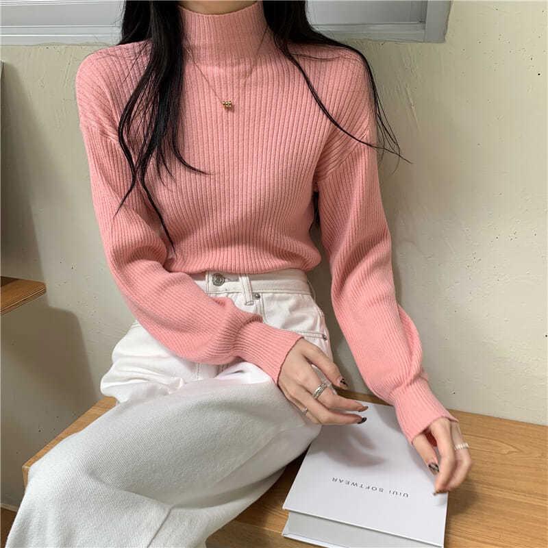 Winter Sweater Women Turtleneck Lantern Sleeve Solid Pullover Sweaters White Black Fall Fashion Knitted Tops Girl Jumpers