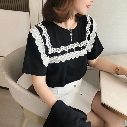Women's Short Sleeve T-shirt Summer Printing Large Size Loose All-match Lace Top
