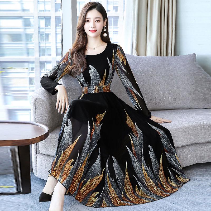 Women's Floral Skirt Printed Chiffon Dress Female Spring and Autumn Slim Beach Dress Long Skirt